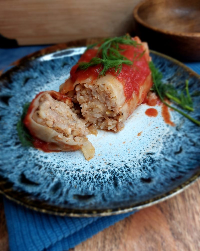 cabbage roll on blue plate