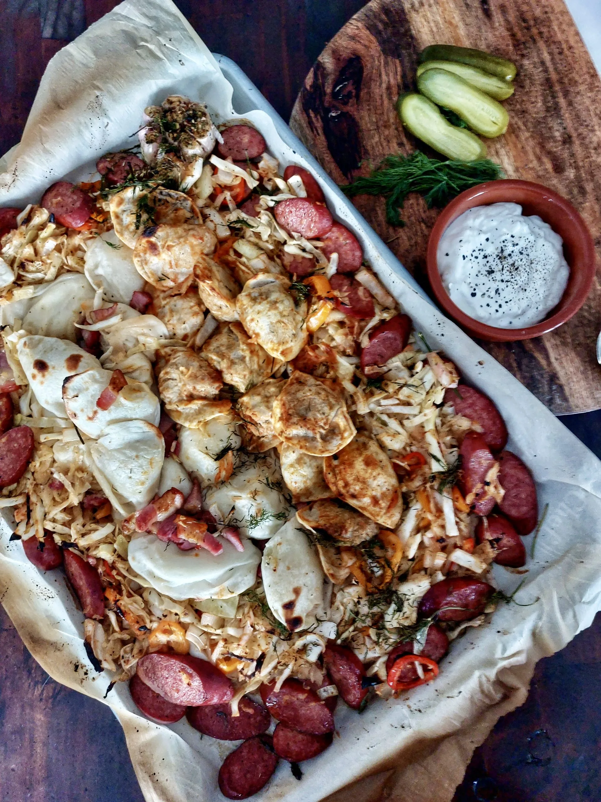 Sheet pan pierogi and kielbasa