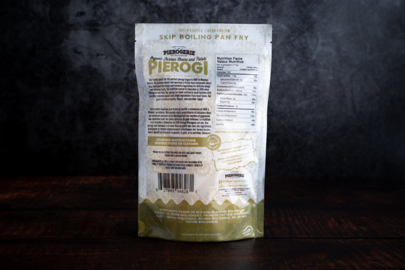 A bag of Farmer Cheese and Potato Pierogi showing the back