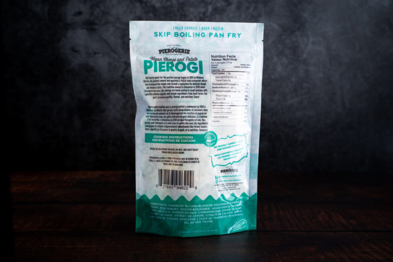 A bag of Vegan Cheeze and Potato Pierogi showing the back