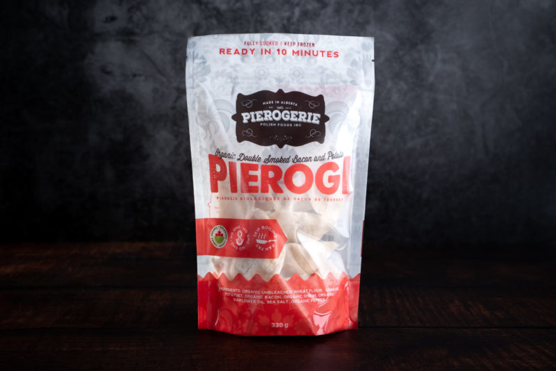 A bag of Double Smoked Bacon and Potato Pierogi showing the front