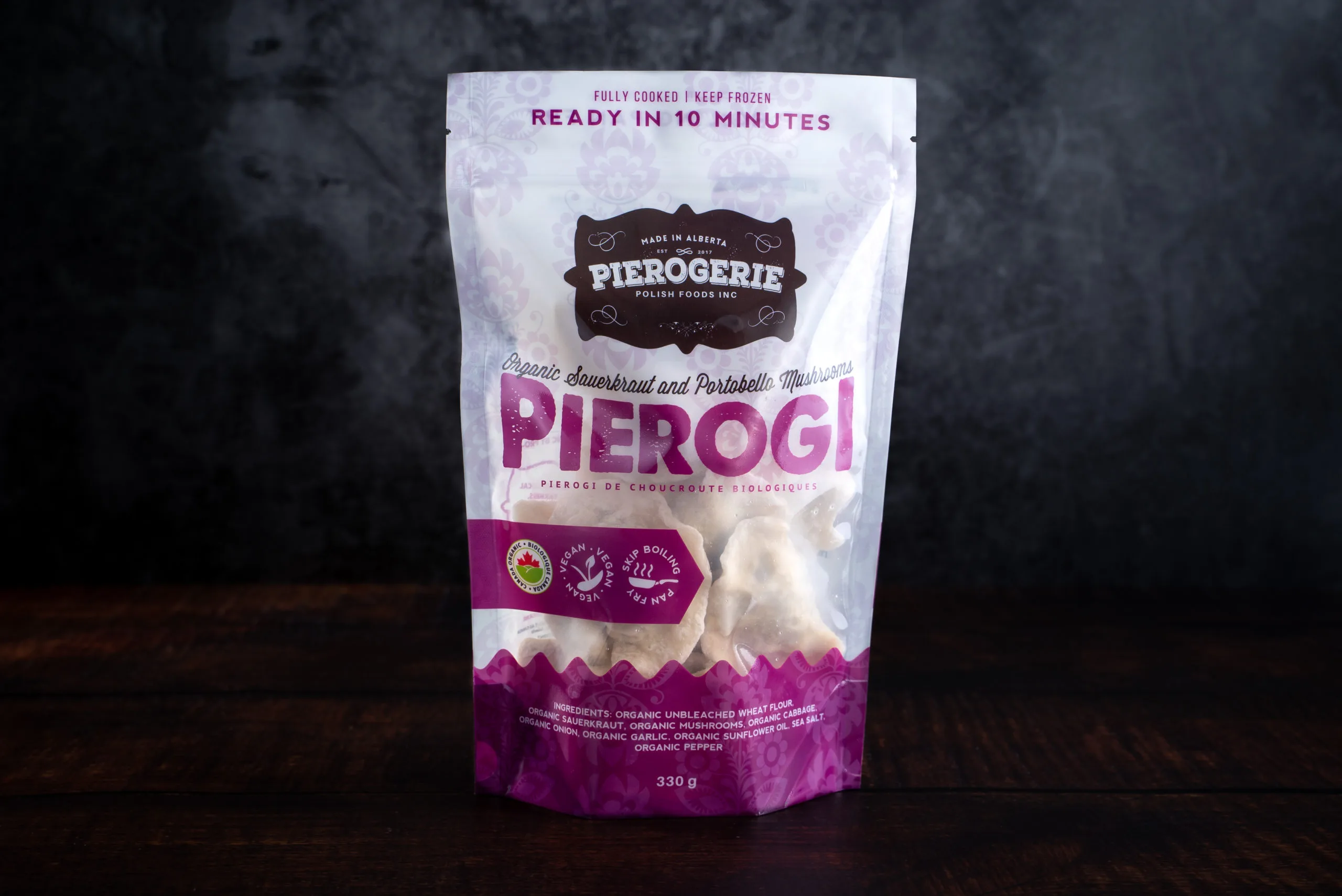 A bag of Sauerkraut and Portobello Mushroom Pierogi showing the front