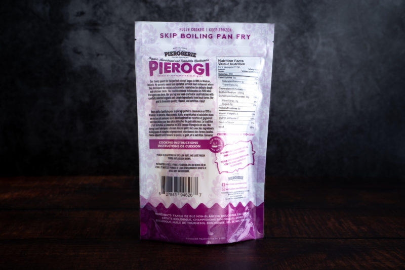 A bag of Sauerkraut and Portobello Mushroom Pierogi showing the back