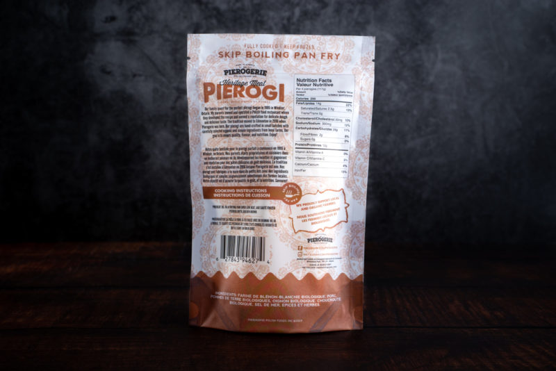 A bag of Heritage Meat Pierogi showing the back