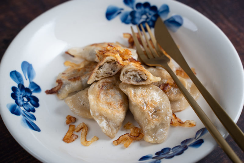 Sauerkraut and Portobello Mushroom Pierogi on a plate